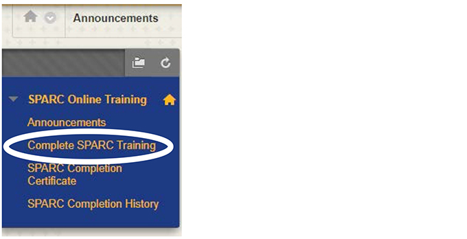 Once you have enrolled, click the Complete SPARC Training link on the left side of the screen.